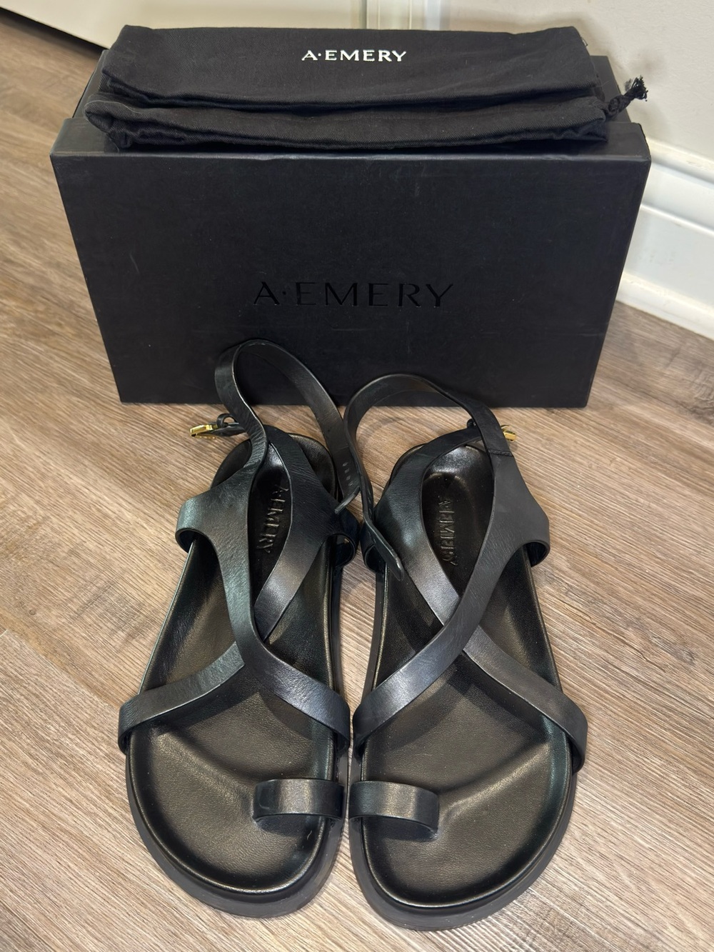 A. Emery Jalen Slim Black Leather Wrap Sandals